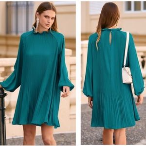 New Prettygarden Teal Blue Long Sleeve Ruffle Neck Pleated Flowy Swing Dress
